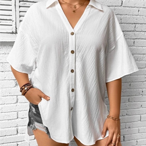 SHEIN - Half Sleeve Buttoned Shirt (White) - Picture 2 of 3